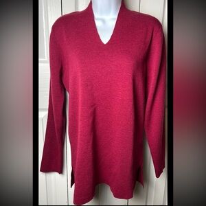 EILEEN FISHER Wool Sweater Red Pullover V Neck Maroon Burgundy Tight Knit Medium